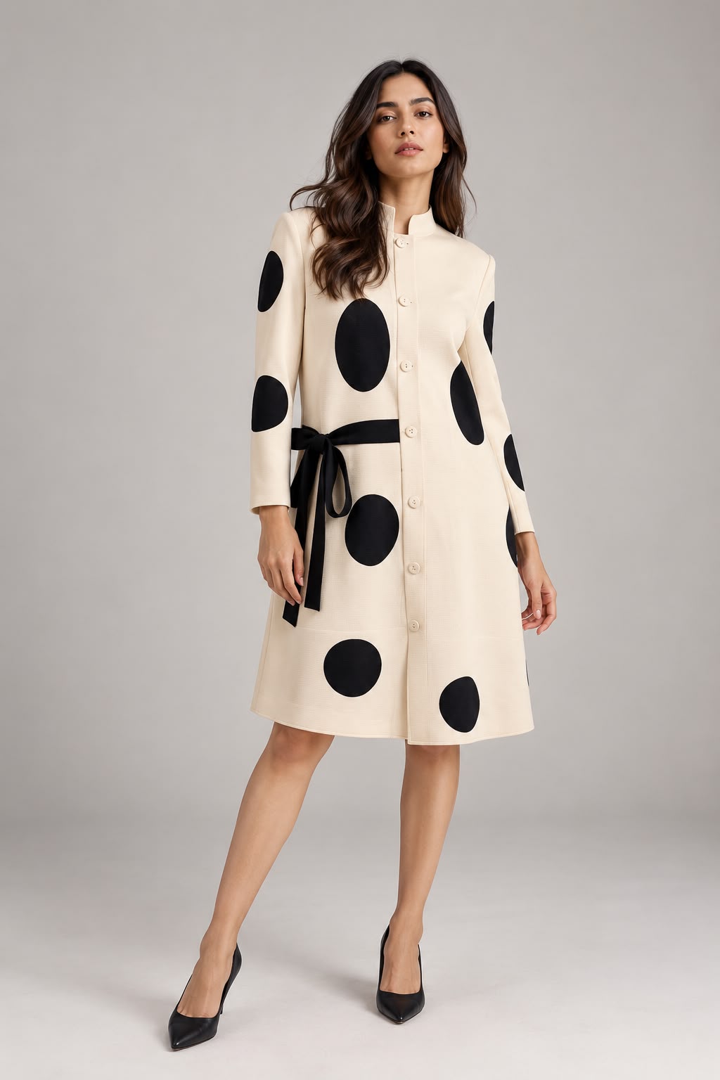 Polka Pleated Dress-Ivory