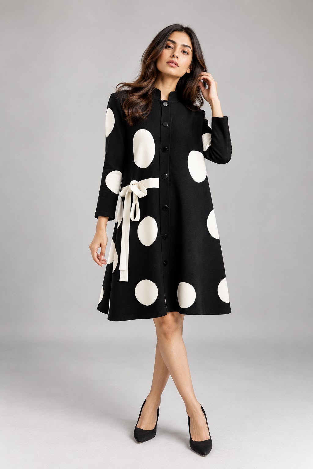 Polka Pleated Dress-Black