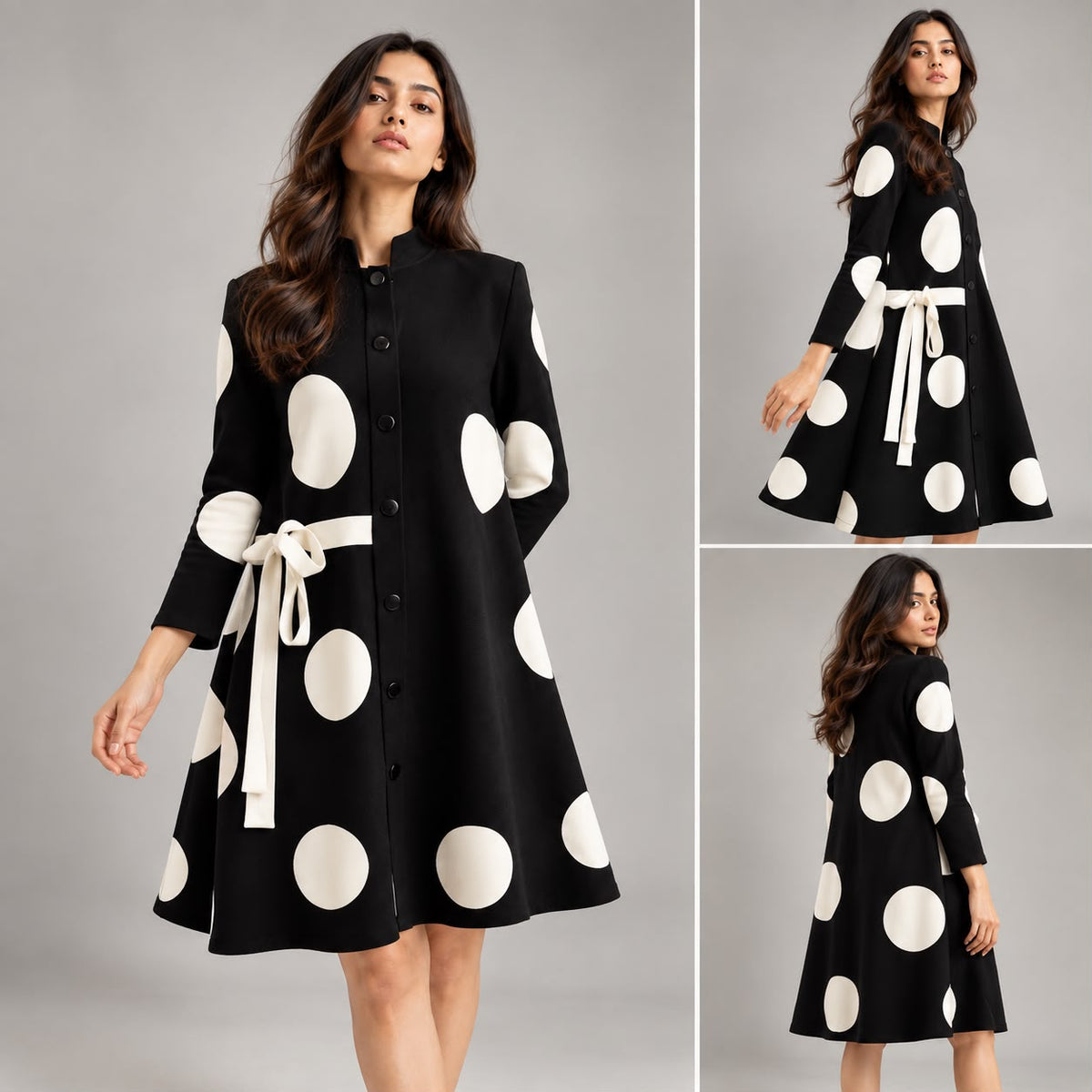 Polka Pleated Dress-Black