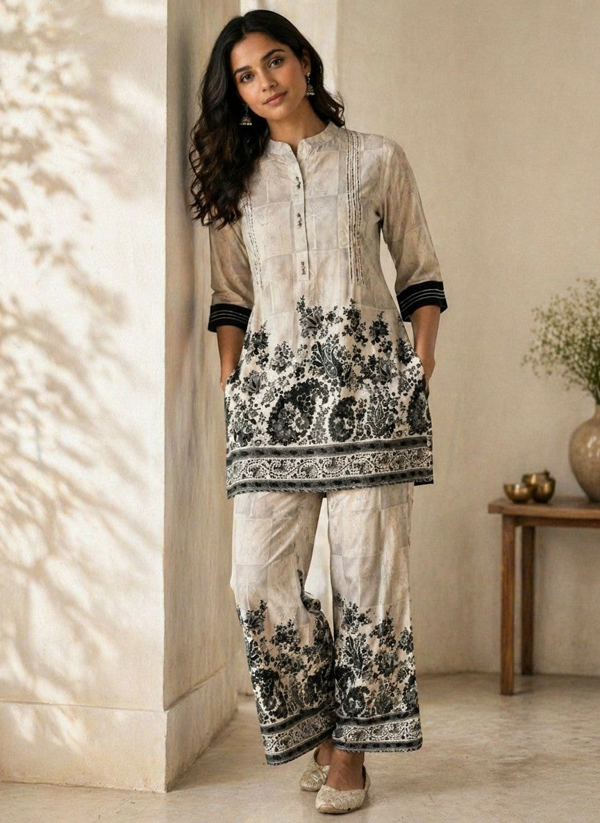 Eclipse The Label Zaria Co-ord Set: Ivory cotton kurta with band collar and black floral print, paired with straight-fit trousers.