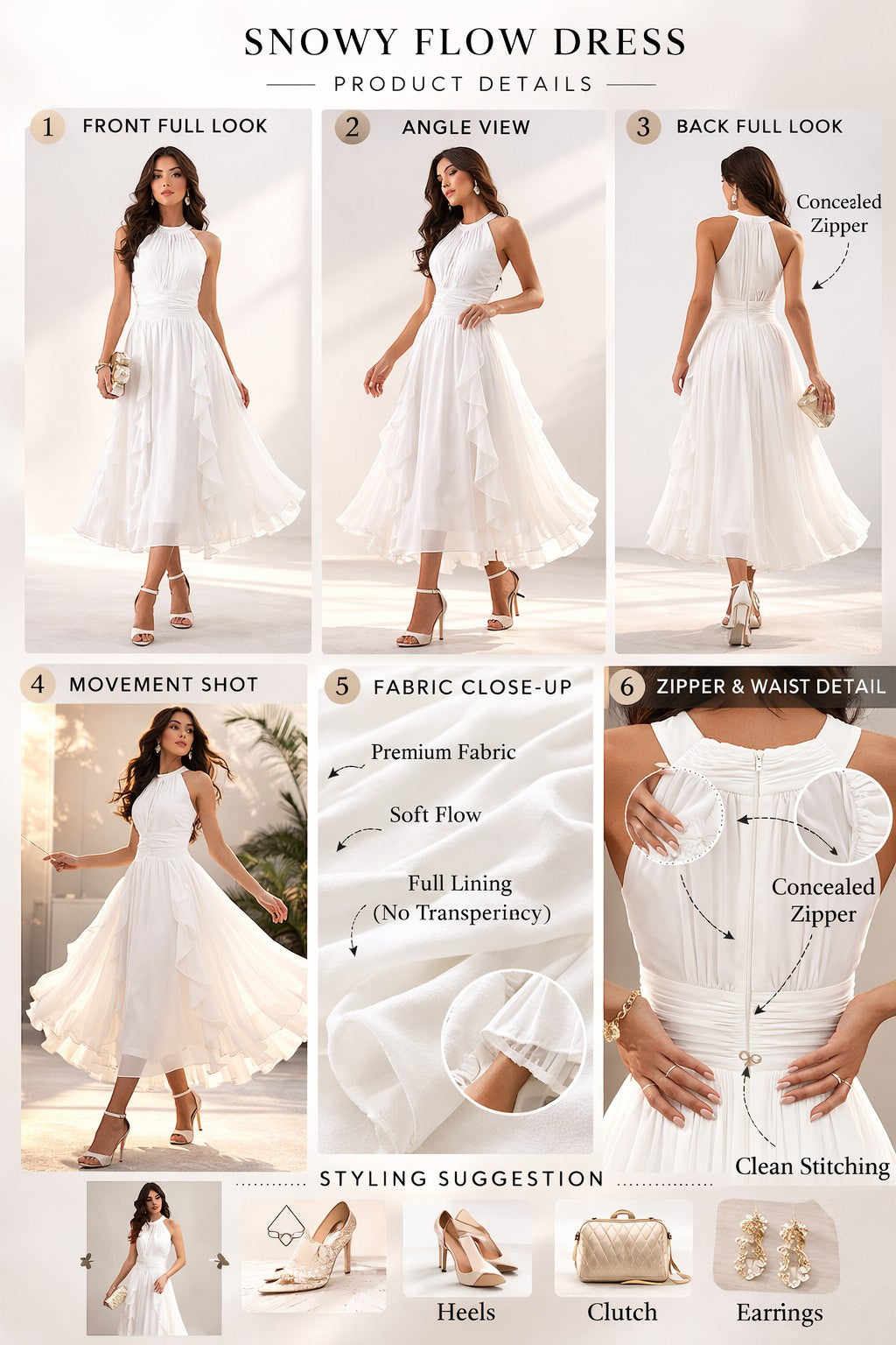 Eclipse-The Label white midi dress with gathered neckline, cinched waist, and layered ruffled skirt. Model wears heels and holds a clutch.