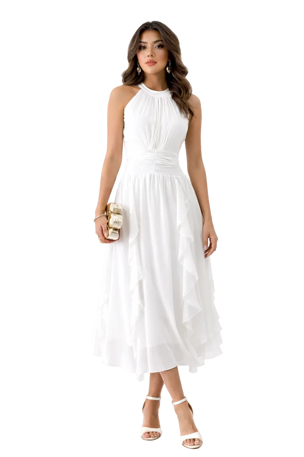 Eclipse-The Label white flowy midi dress with gathered neckline and layered ruffles. Model wears white heels and gold clutch.