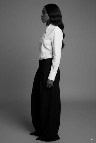 Asymmetric Black Top with White Trousers Asymmetric Black Top with White Trousers