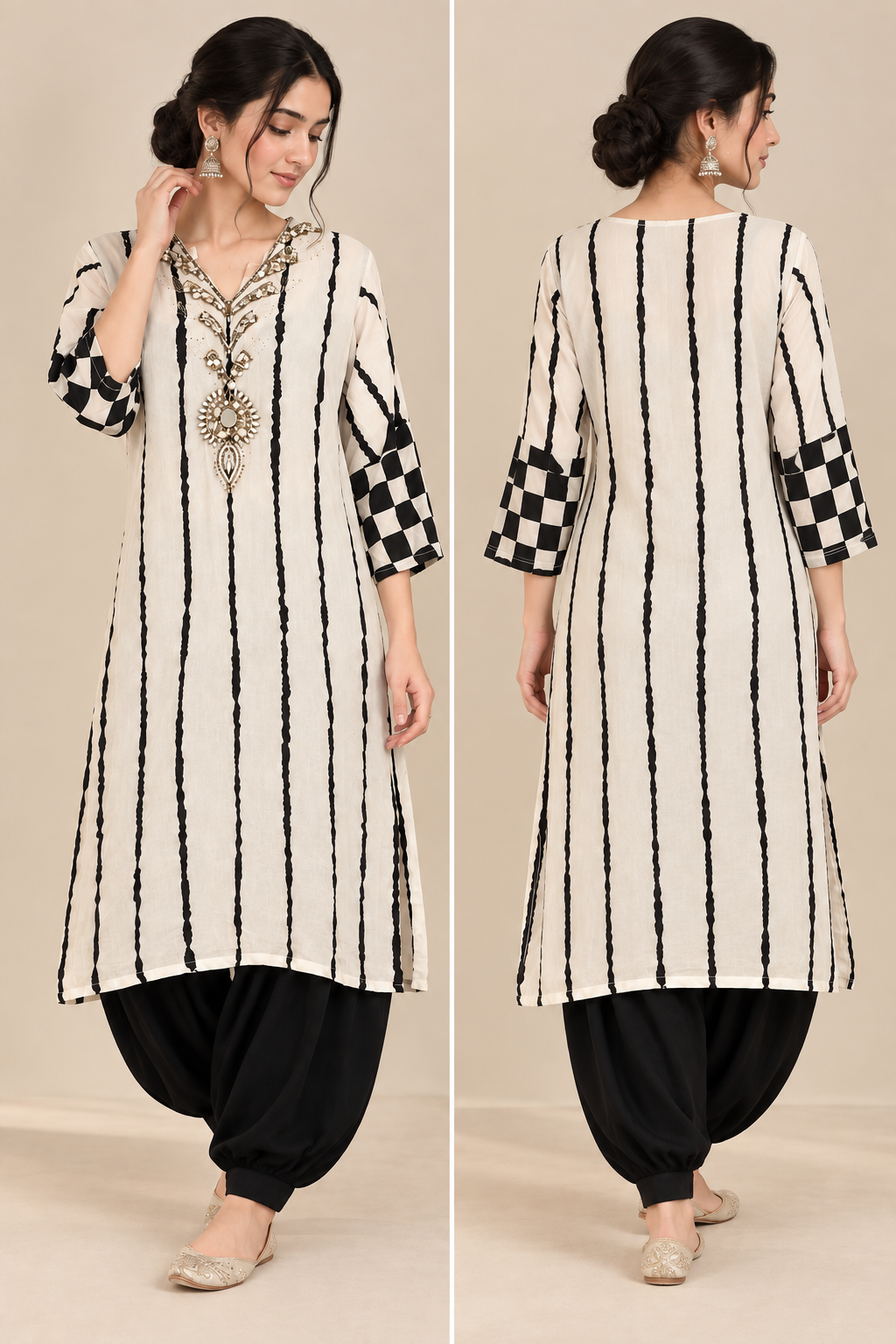 Monochrome Crepe Kurta Set - Checker sleeves