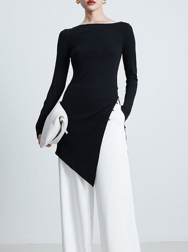 Asymmetric Black Top with White Trousers