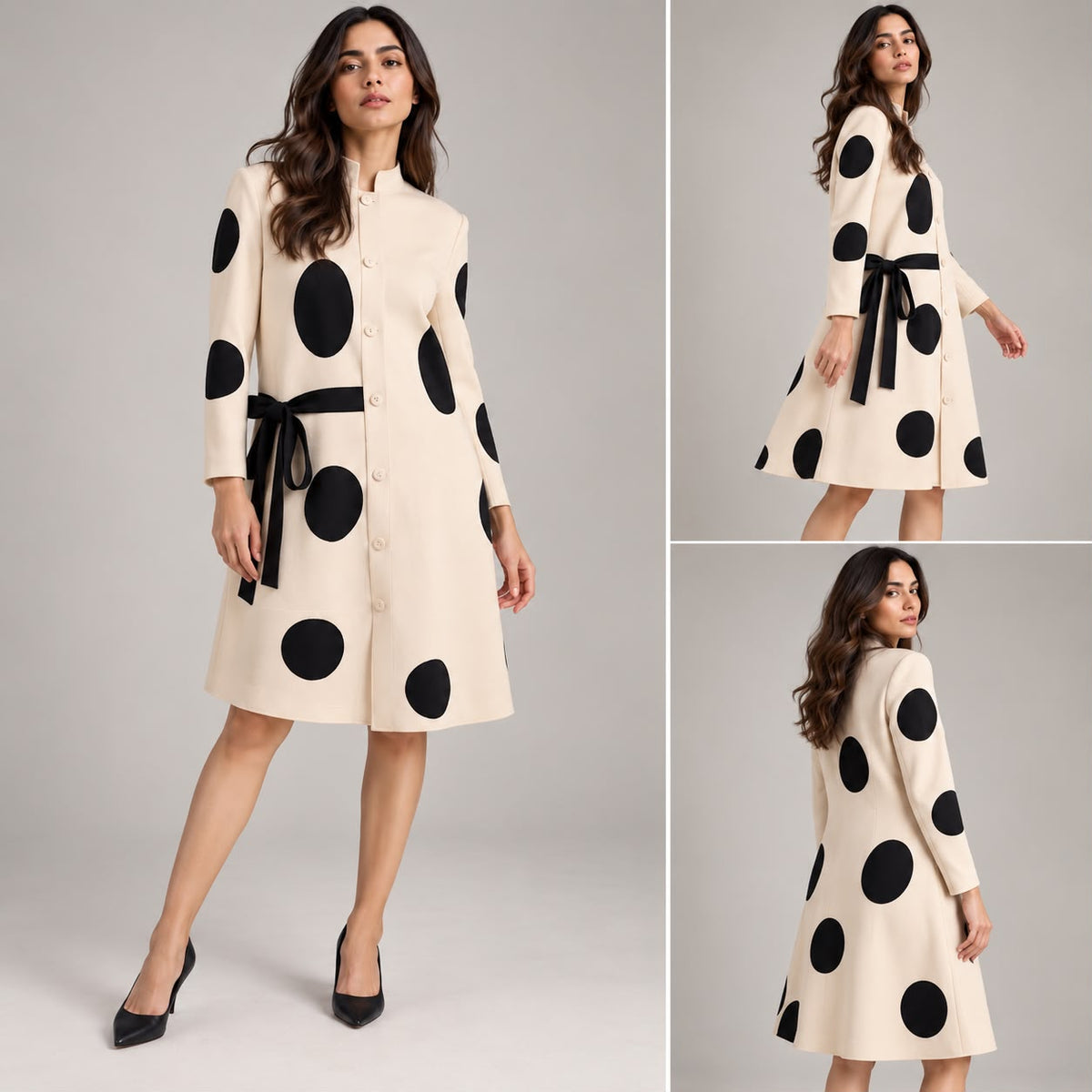 Polka Pleated Dress-Ivory