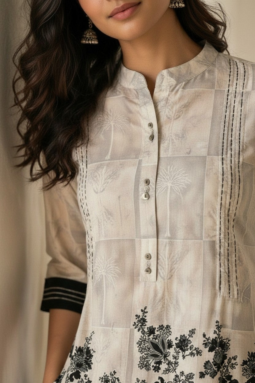 Eclipse-The Label beige and black floral print kurta with band collar and button-down front. Matching trousers.