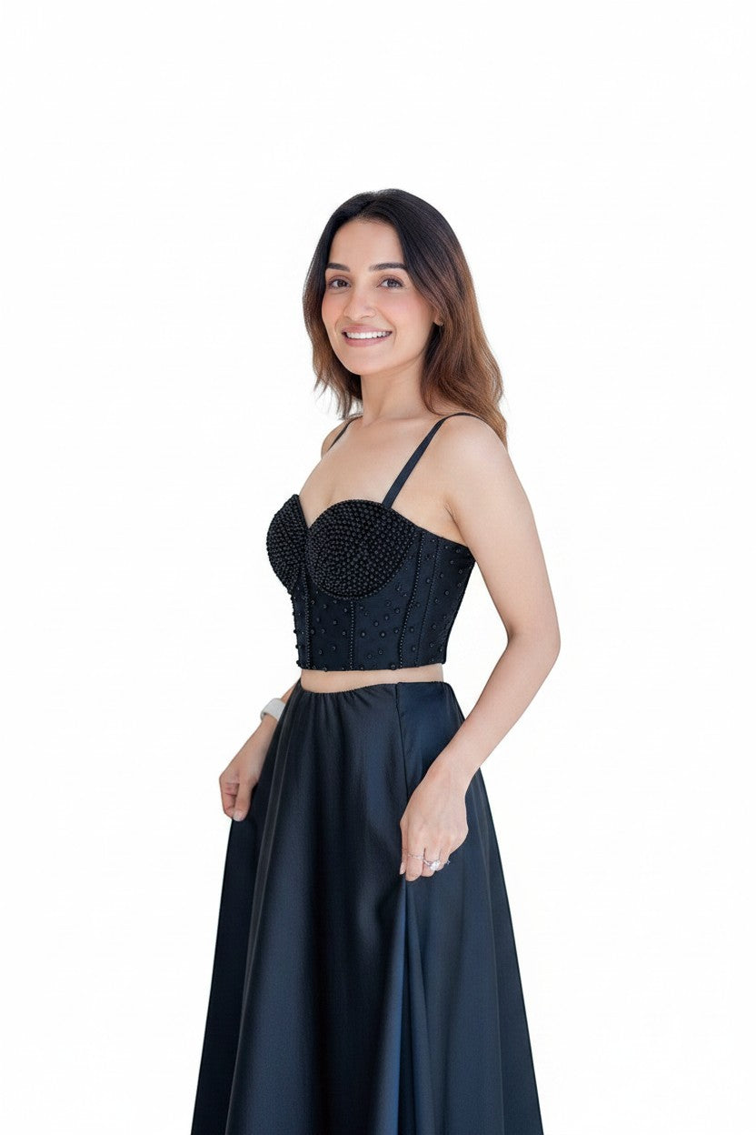 Eclipse-The Label black beaded corset with detachable straps, structured fit, and sweetheart neckline.