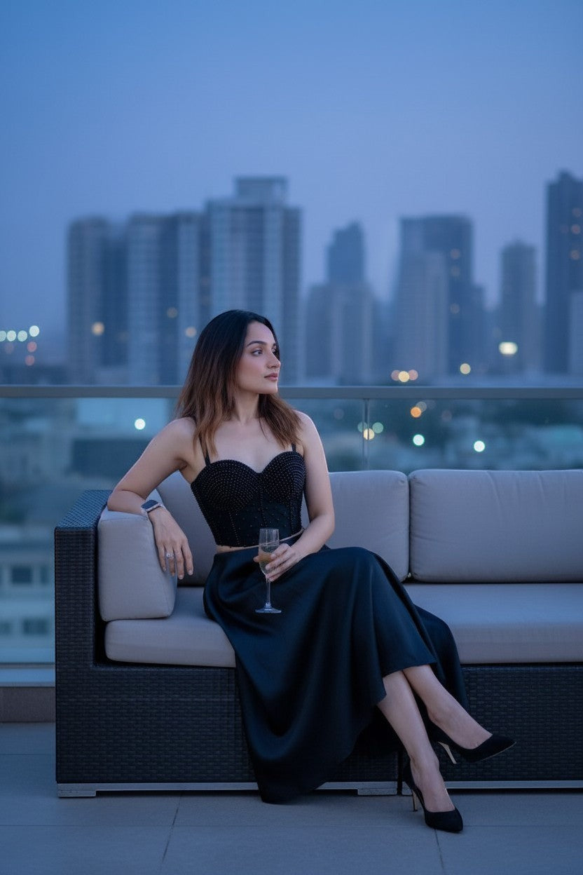 Eclipse-The Label black beaded corset with sweetheart neckline and detachable straps, worn by a woman sitting on a sofa.
