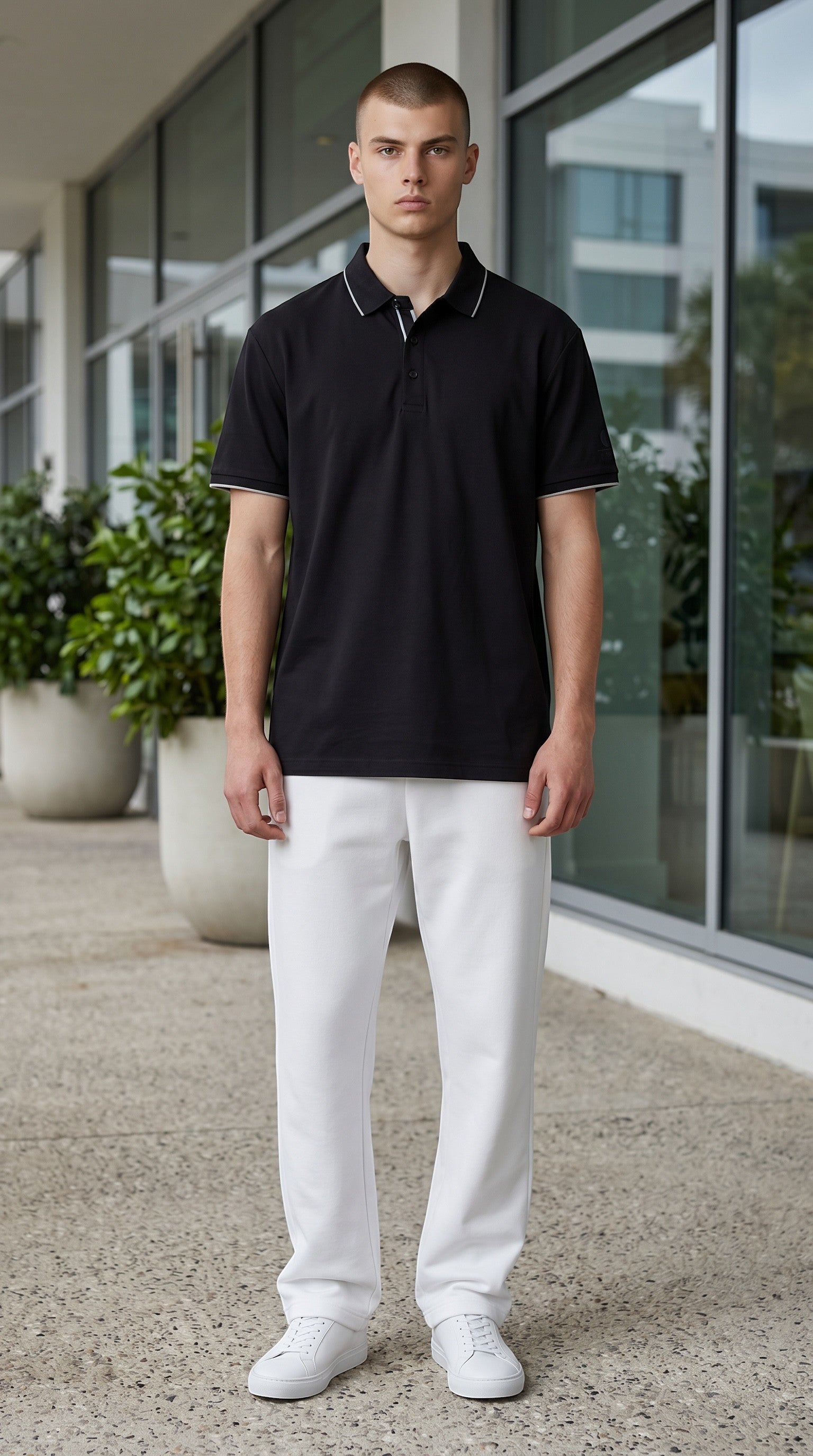 Model wearing an Eclipse-The Label black polo shirt with white trim and white trousers on a modern outdoor patio.