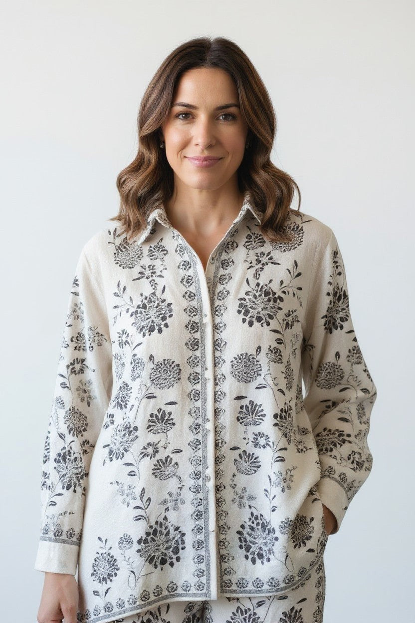 Eclipse The Label Ivory Meadow Co-ord Set: ivory cotton-linen blend shirt with hand-printed botanical motifs and collared neckline.