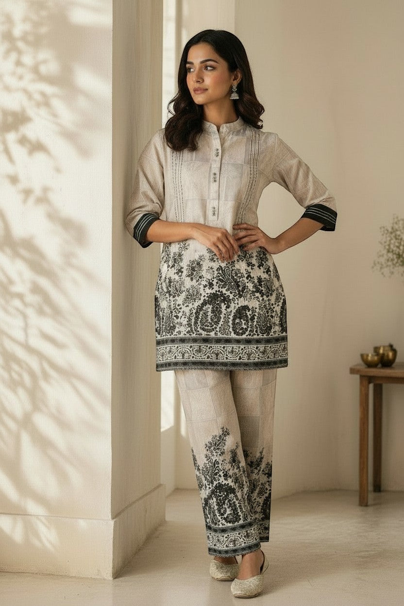 Eclipse-The Label beige and black printed kurta and trouser set with band collar and button-down front.