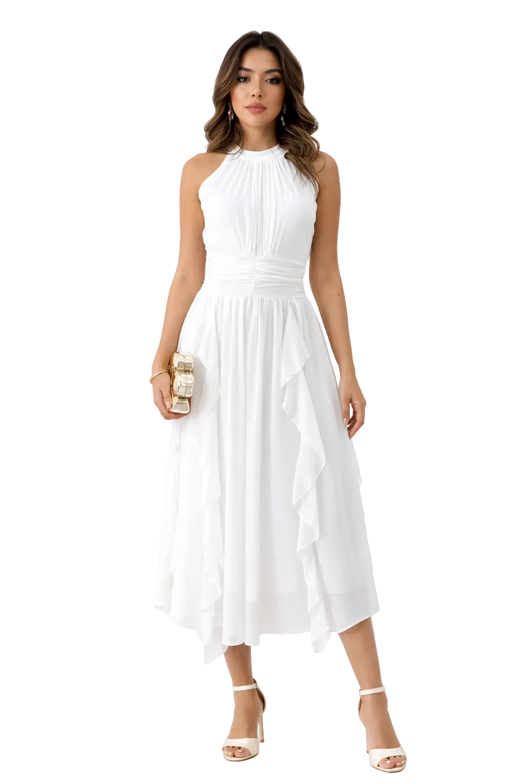 Eclipse-The Label white midi dress with gathered neckline, cinched waist, and layered ruffle hem. Model wears heels and holds a gold clutch.