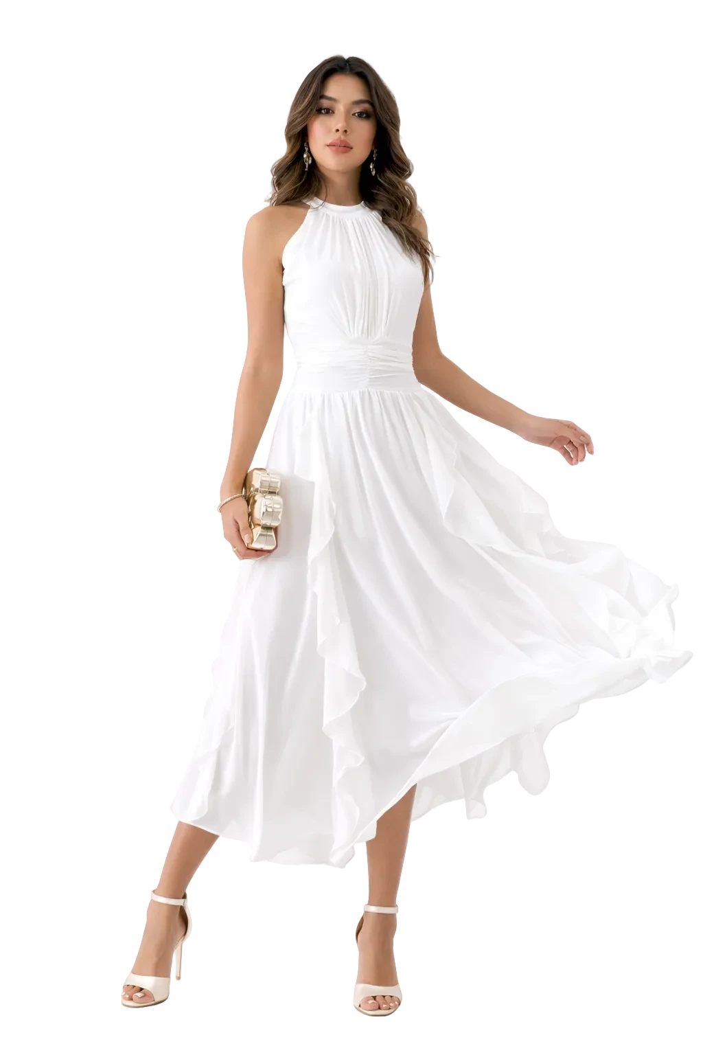 Eclipse-The Label white flowy midi dress with gathered neckline and layered drape, perfect for elegant occasions.